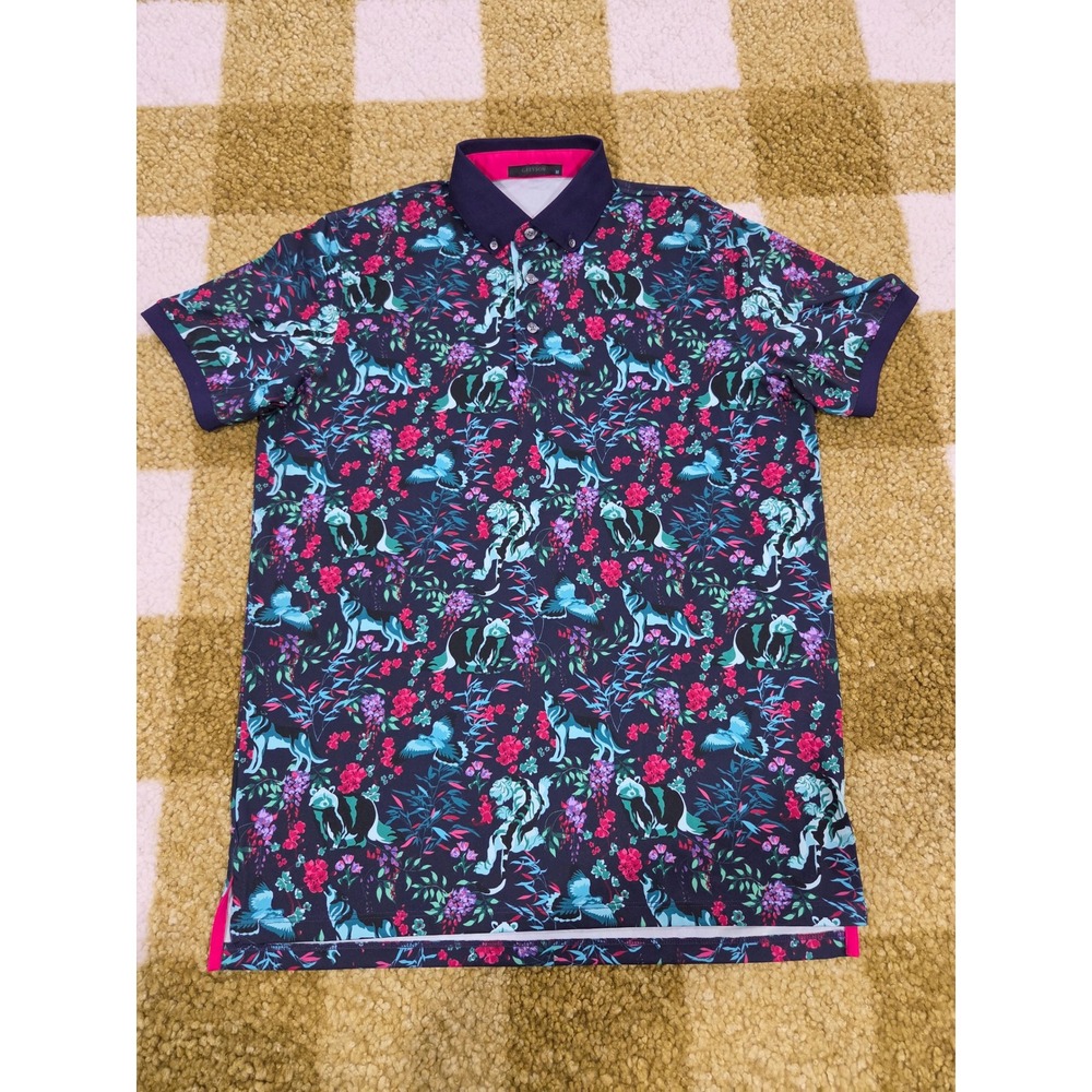 Greyson Mens Wolf Floral Performance Golf Polo Shirt Blue Pink Size M